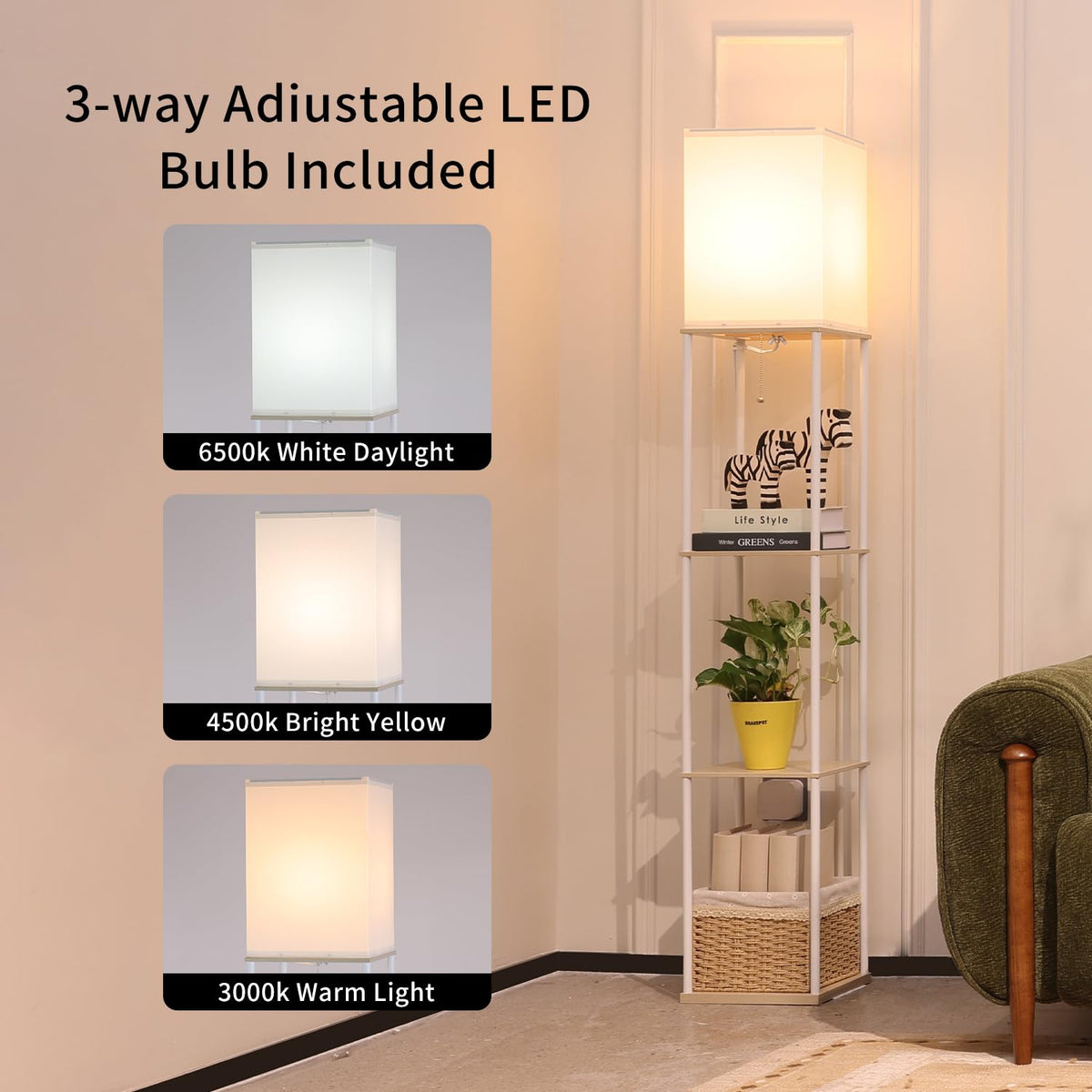 Floor Lamp with Shelves (Beige+White-1 Pack)