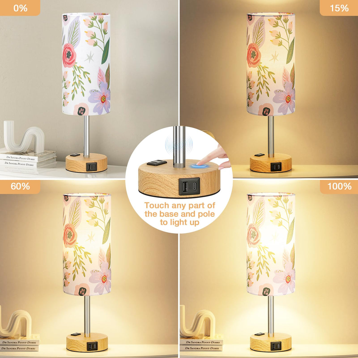 Floral Bedside Lamp for Bedroom (Floral Shade-Wood Base / 14")