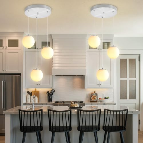 3 Light Globe Pendant Light for Kitchen Island Silver Pendant Light Fixtures with White Glass Globe Hanging Lights for Bedroom (Silver-White / Globe 3-Light)