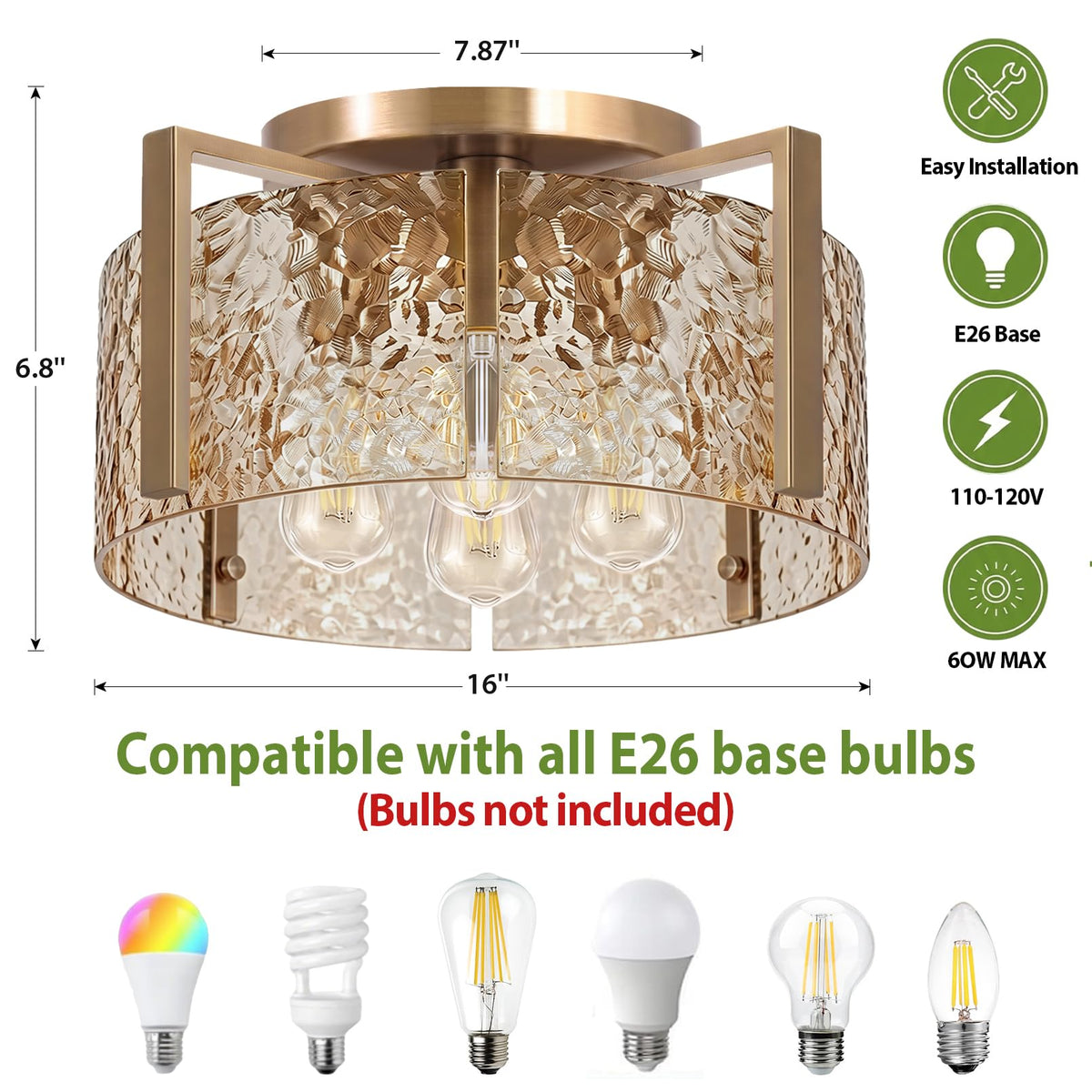 4 Light Art Deco Semi Flush Mount Ceiling Light Fixture (Amber / 16")