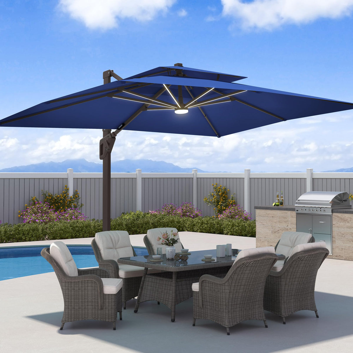 9x12 FT Patio Cantilever Outdoor Offset Umbrella with LED Lights (Navy)