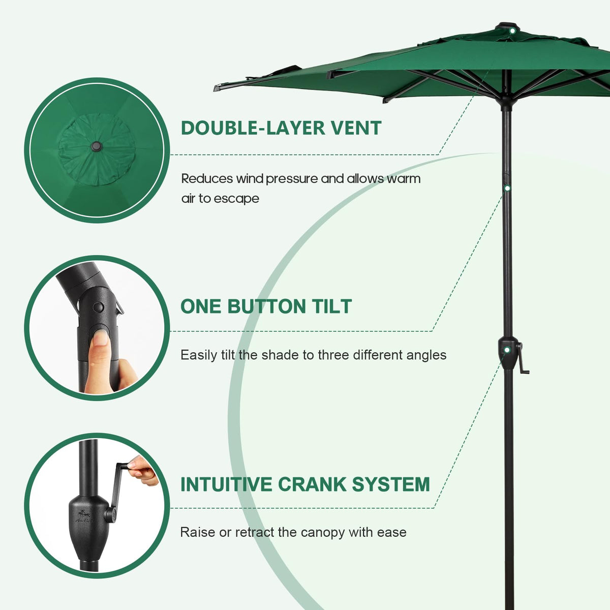 7.5FT Lyon Outdoor Patio Umbrella Outdoor Table Umbrella with Push Button Tilt and Crank Market Umbrella 6 Sturdy Ribs UV Protection Waterproof for Garden Deck Backyard Pool Dark Green (7.5 FT(6 Ribs) / Dark Green)