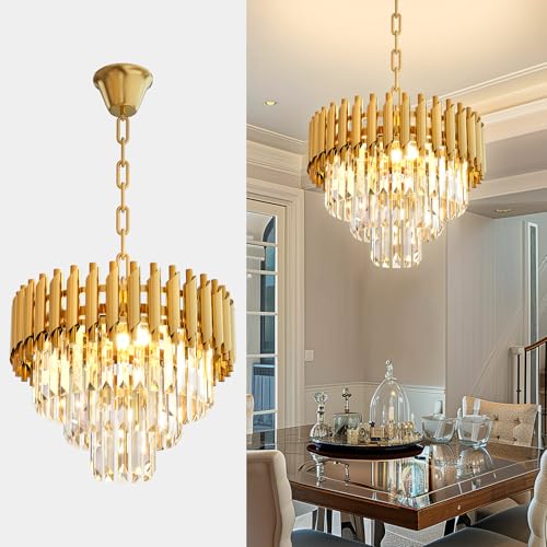 Modern Gold Crystal Chandelier 16" Round Chandeliers for Dining Room 3 Tiers Ceiling Pendant Light Fixtures Adjustable Hanging Chandeliers for Living Room Foyer Bedroom Kitchen (D15.5"XH13.3" Gold)