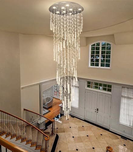 D24'' x H78'' Modern Crystal Chandelier High Ceiling Chandeliers for Entryway Glam Chandelier Large Raindrop Chandeliers LED Dimmable Light Fixtures for Staircaes Foyer Hallway Living Room (D24'' x H78'' Silver)