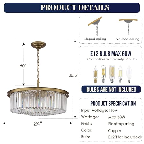 Crystal Chandelier Pendant Ceiling Lights Gold Chandeliers Lighting Fixture for Dining Living Room Foyer Hallway 8 (Copper / 24 Inch)