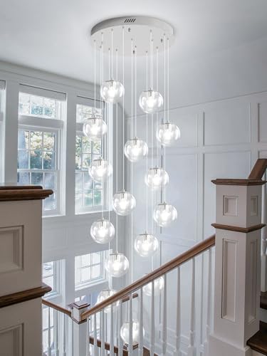 H138 LED Staircase Chandelier 15 (Silver-Clear / Globe 15-Light)