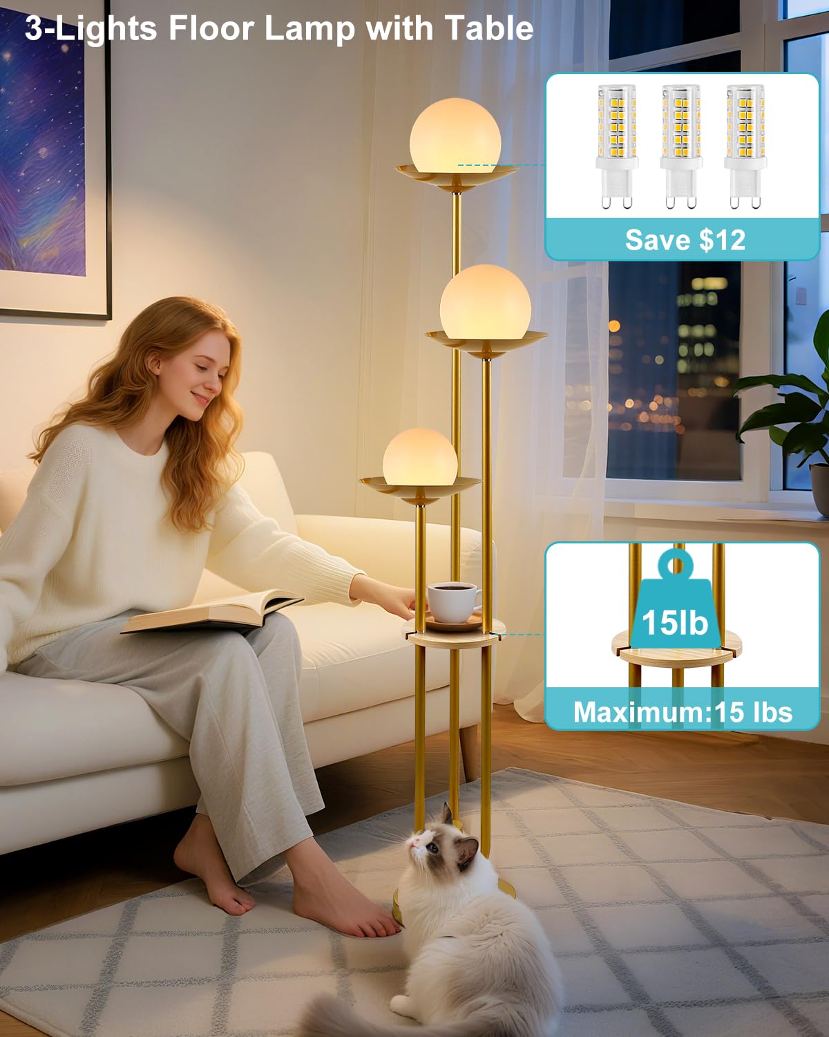 63IN Globe Floor Lamp with Shelf 3 (Gold-3UL)