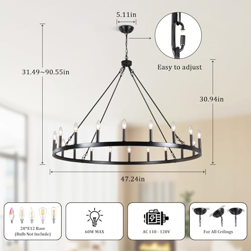 Black Wagon Wheel Chandelier (Black - 20 Lights - 48in)
