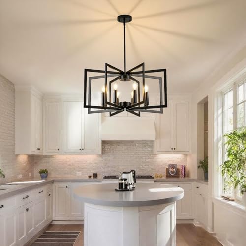 6 Light Wagon Wheel Chandelier Black Modern Farmhouse Light Fixture with Glass Shade Ceiling Hanging Pendant Light for Dining Room Living Room Kitchen Island Entryway Foyer