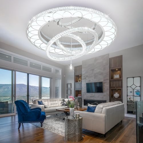 Dia 48" Large Crystal Chandelier Modern LED Ring Chandeliers Dimmable Flush Mount Chandelier Crystal Ceiling Light for Living Room Bedroom Foyer (Silver / W:48inches)