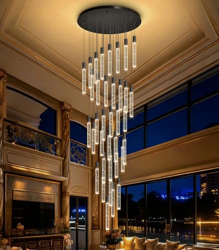 16 Foot Chandeliers for Living Room Entryway High Ceiling Light Fixtures Sloped Flush Mount Ceiling Pendant Lighting Dimmable Chandelier with Remote LED Crystal Pendants Lighting Black Light (36 lights / Black)