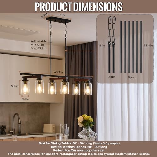 6 Light Black Linear Chandelier (Black+Clear Glass / 6 Light)