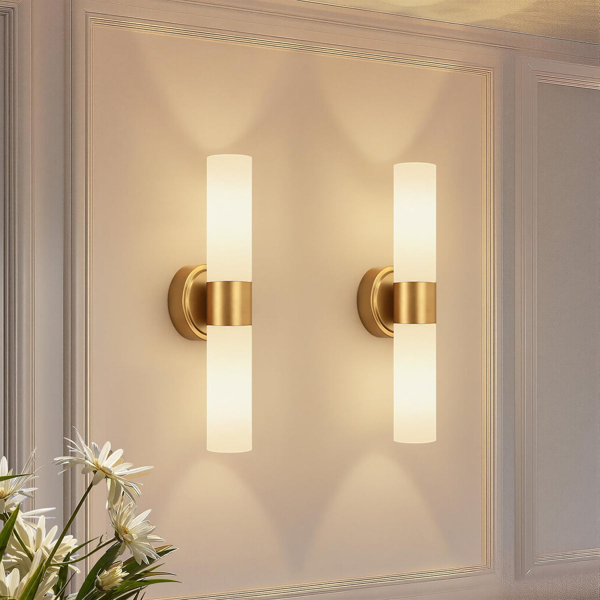 Hardwired Wall Sconces Set of Two (Brushed Gold & Milky White Glass / Hardwired-16 Inch-2PC)