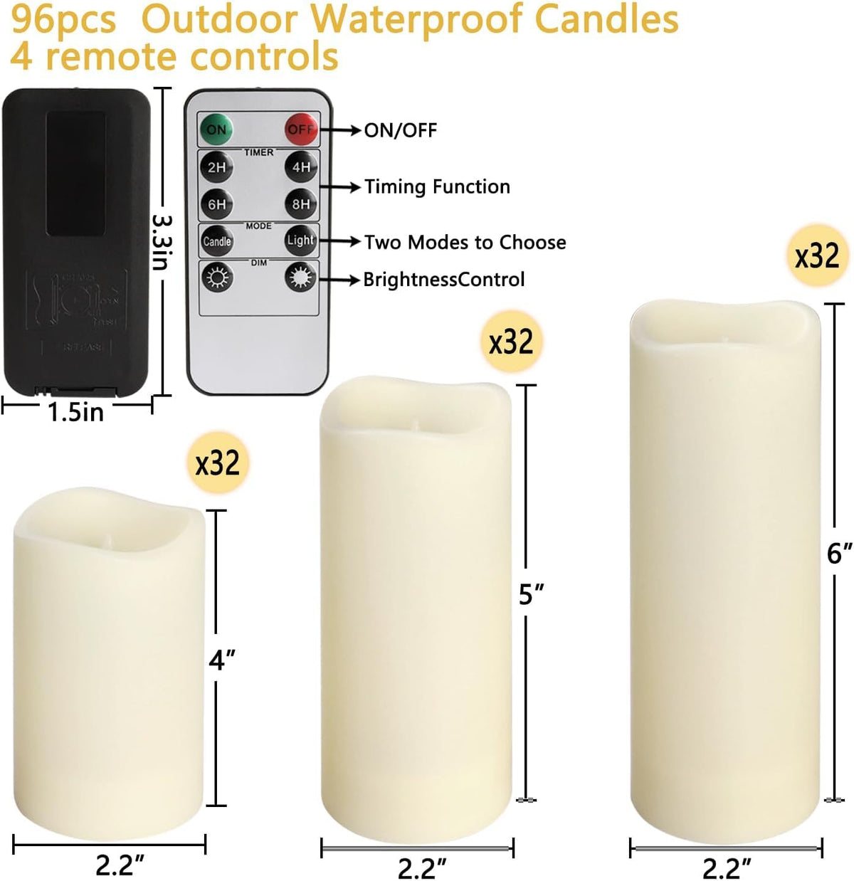 Set of 96 Waterproof Outdoor Flameless Candles (96 Ivory)