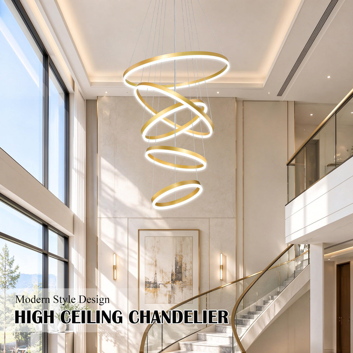 5 Rings Pendant Lights Modern Gold Led Chandelier Gold Modern Led Pendant Light Dimmable Height Adjustable Chandeliers for Dining Room Bedroom Entryway Living Room Foyer (Gold / 5Ring-23.6")