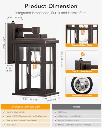 Anti Rust Dusk to Dawn Outside Lights (Dusk to Dawn 2 Pack / Oil-Rubbed Bronze(Gold Trim))