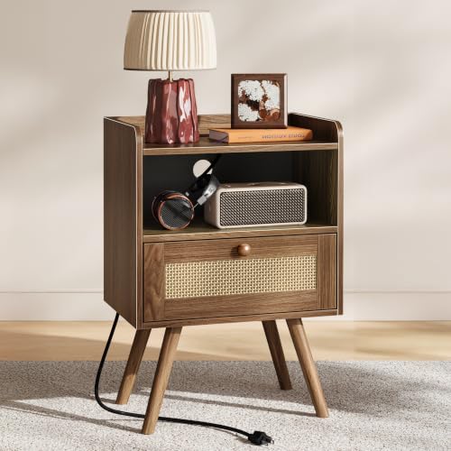 Nightstand with Charging Station & Rattan (11.8"D x 15.9"W x 23.4"H (1 Drawers) / Walnut)
