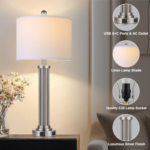 28" Tall Modern Table Lamps Set of 2 with USB C+A Ports and AC Outlet (Silver-2 Pack)