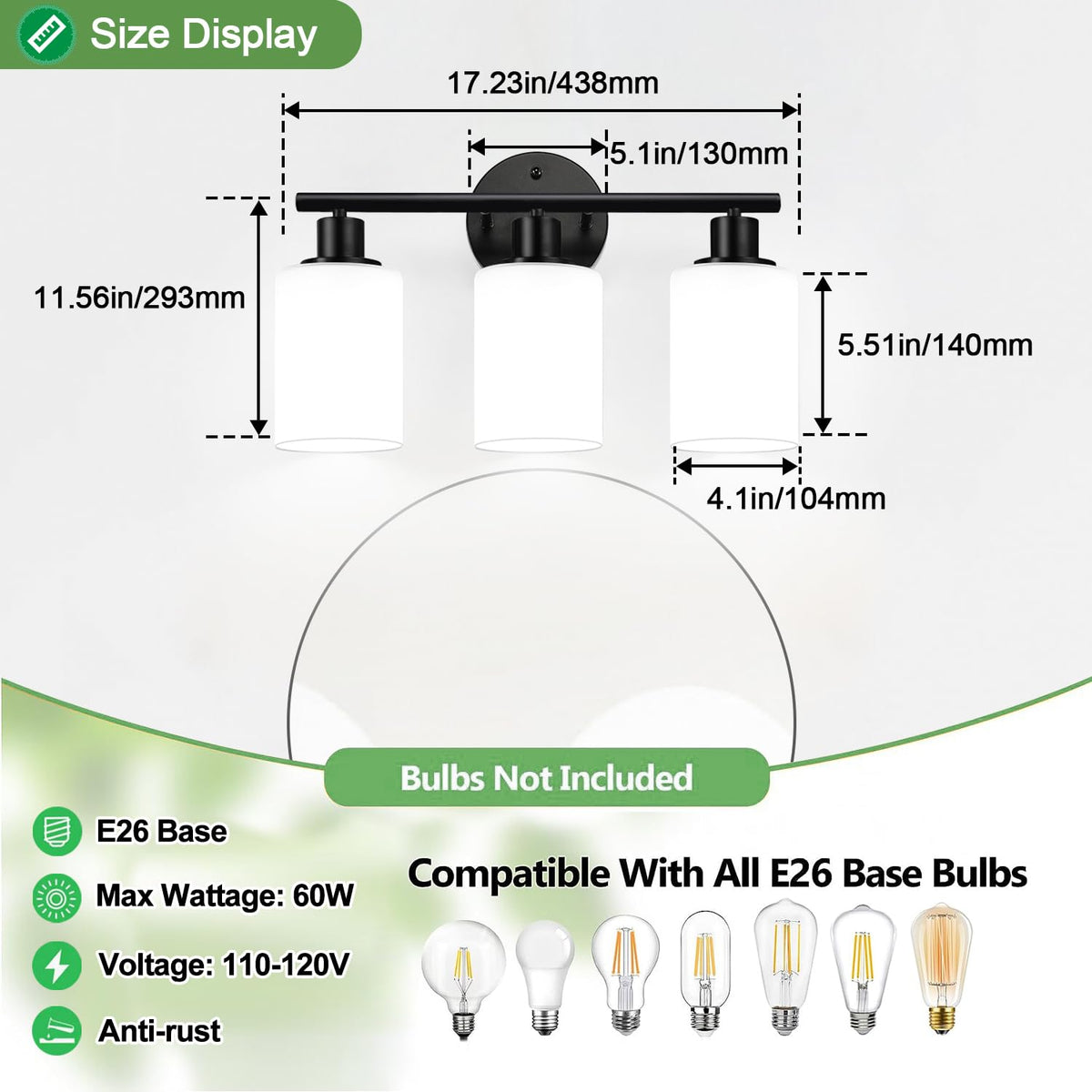 3 Light Bathroom Light Fixtures (Matte Black & Milky White Glass / 3-light)