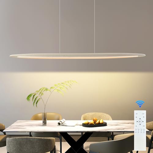 Minimalist Linear Pendant Light Dimmable LED Modern Chandelier Dining Room Island Light Restaurant Cafe Bar Office Hanging Lamp (White / 51 Inch)
