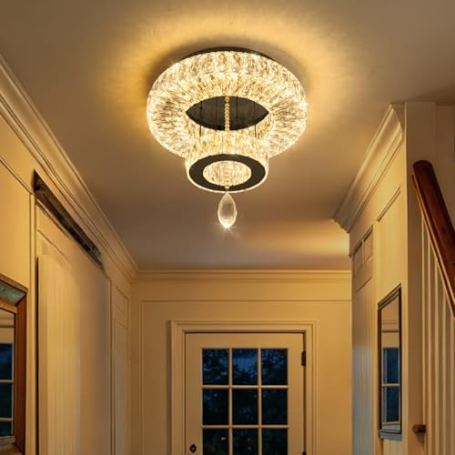 Crystal Chandelier Modern Dimmable LED Crystal Ceiling Light Ring Flush Mount Ceiling Light Fixtures with Remote Control for Living Room Dining Room Bedroom Entryway