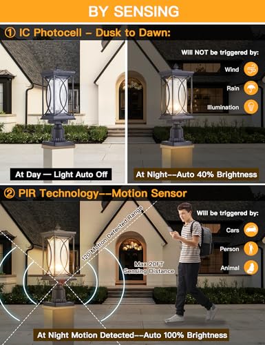 Motion Outdoor Post Lantern Dusk to Dawn Pillar Lamp with 3 Inch Pier Mount Adapter (Black-L-PO)