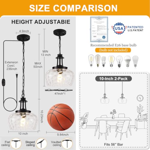 Plug in Pendant Lights Kitchen Island (1 Pack-Matte Black-10"(Plug-and-Play))