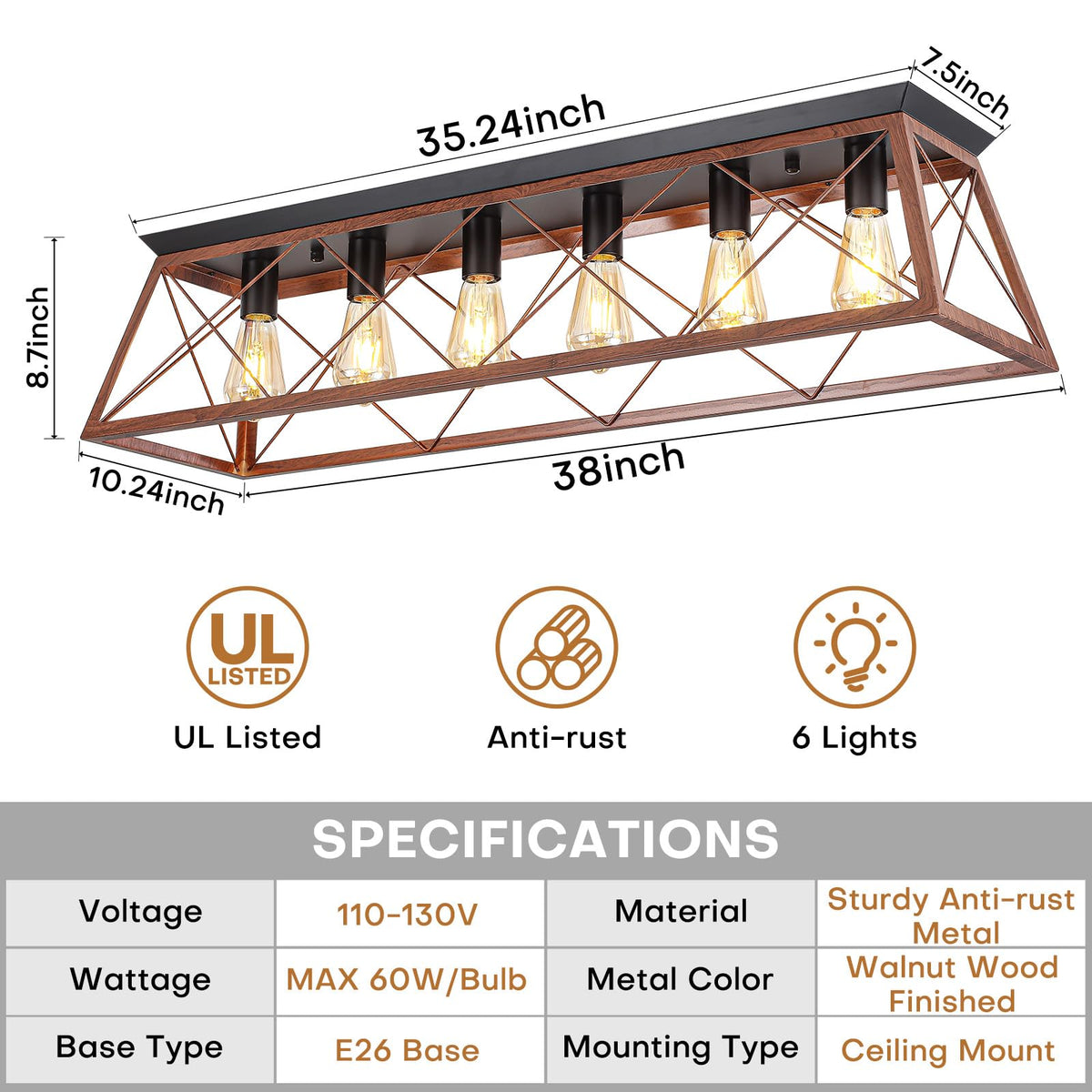 38" Large Flush Mount Ceiling Light Fixture (38" Walnut Ceiling Light)
