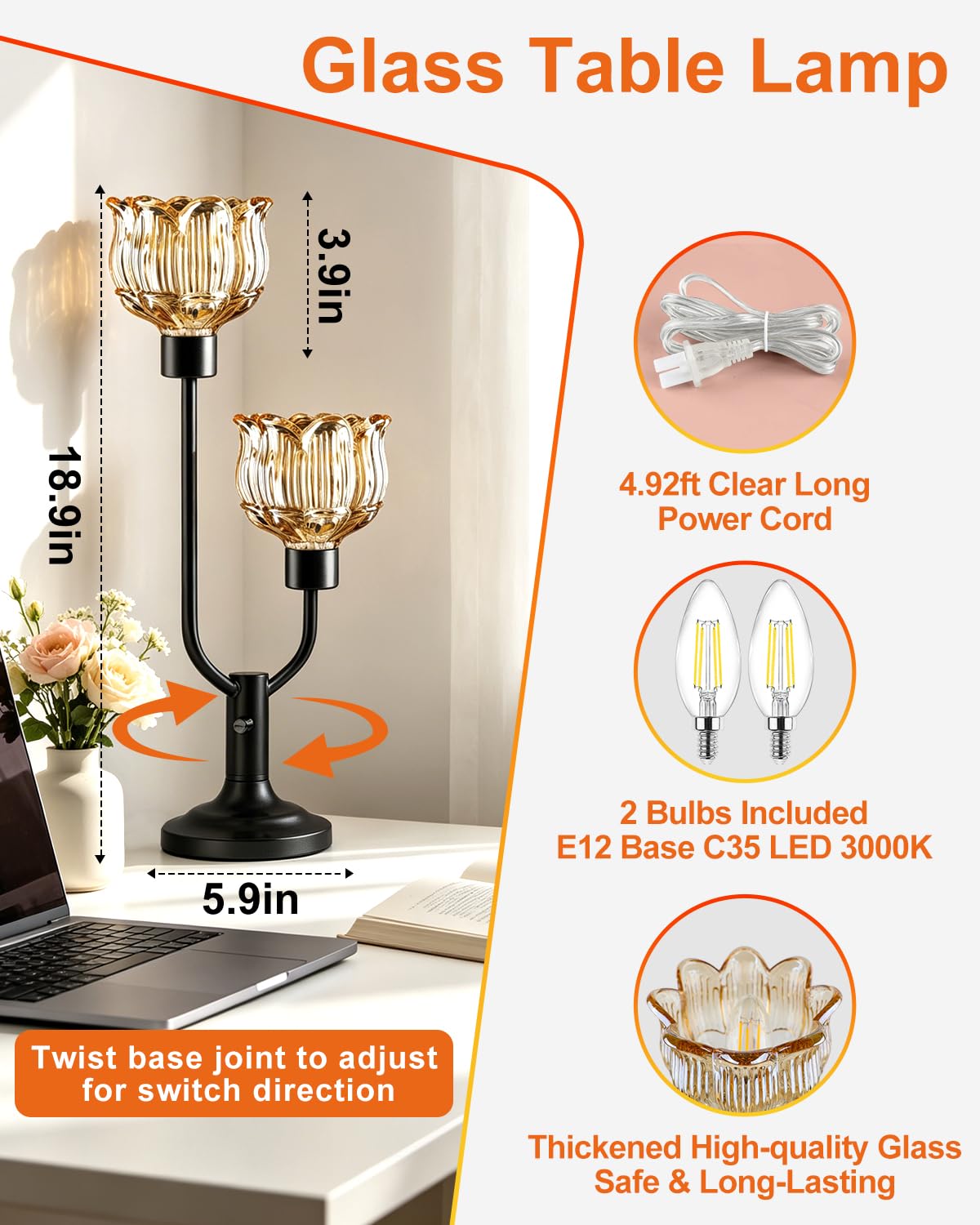 Mid Century Modern Glass Table Lamp Dimmable Vintage Black Lamp (17-Black-Amber-Lotus)