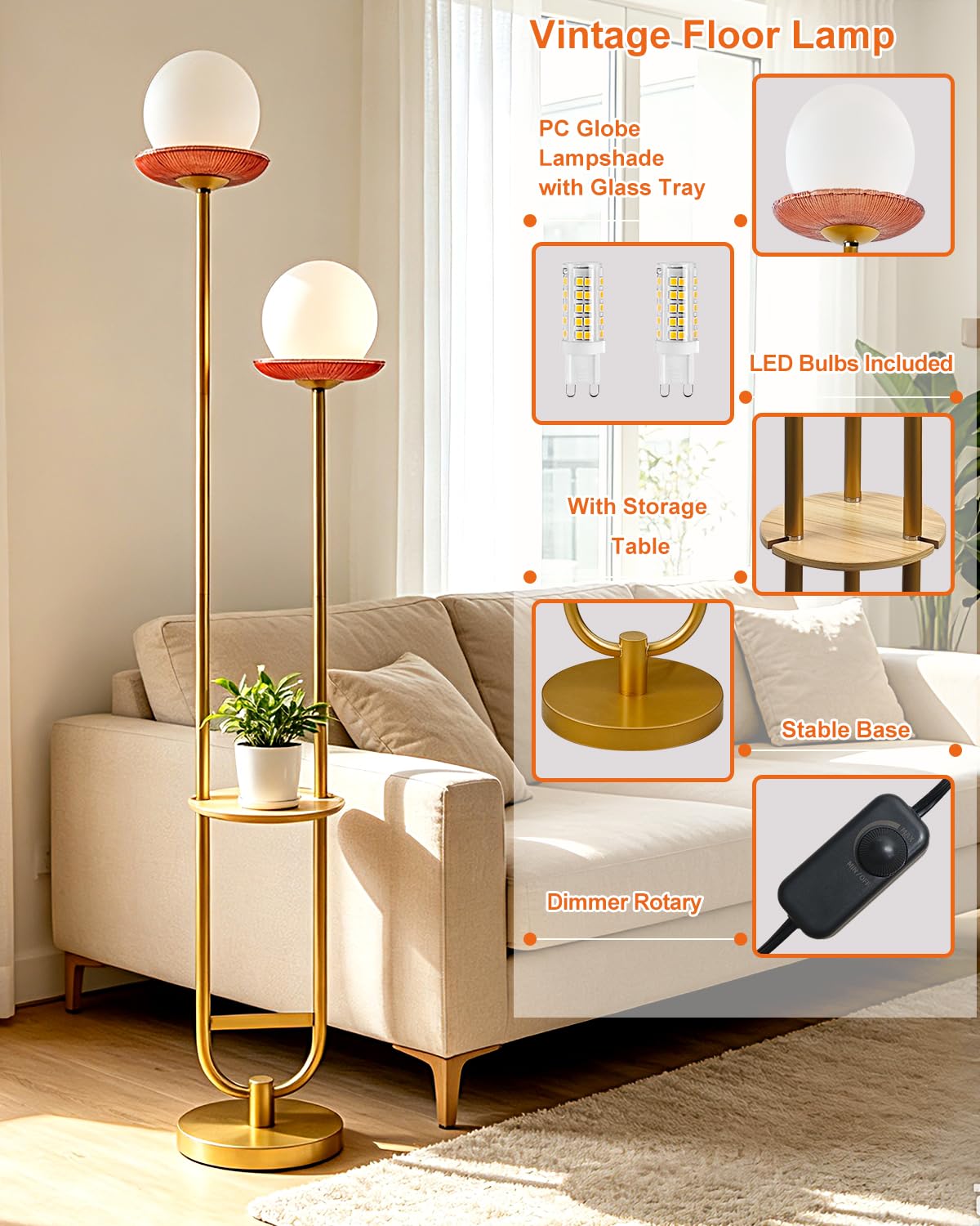 2 Globe Floor Lamp with Red Glass Tray Gold Dimmable Tall Lamp (Red-2U Gold)