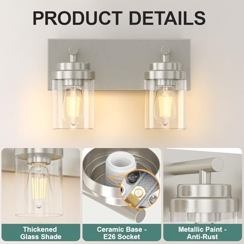 Bathroom Vanity Light Fixture (Nickel-Clear Glass Shade / 15 inch-2-Light)