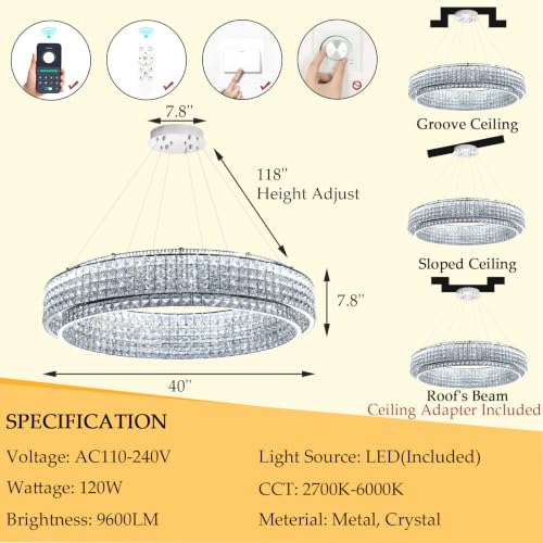 W40 Modern Chandeliers for Living Room LED Dimmable Pendant Lighting High Ceiling Chandelier for Dining Room Foyer Hallway Crystal Rectangle Light Fixtures Silver (Silver / Round 40")
