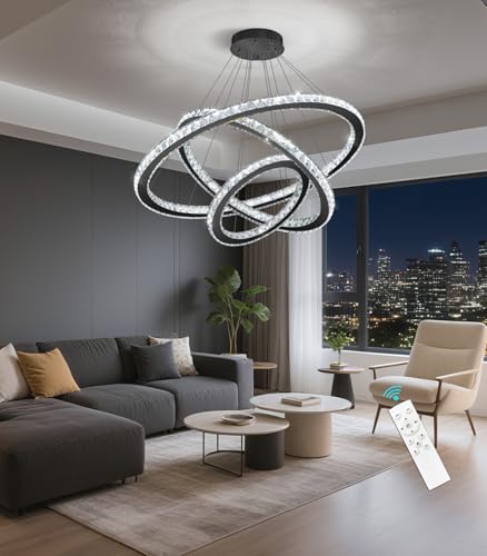 Crystal Chandelier Modern Dimmable LED Ceiling Light Fixture with Remote 3 Rings Stainless Steel Pendant Lighting for Living Room Dining Room Foyer Black (Black / 3-Ring 32")