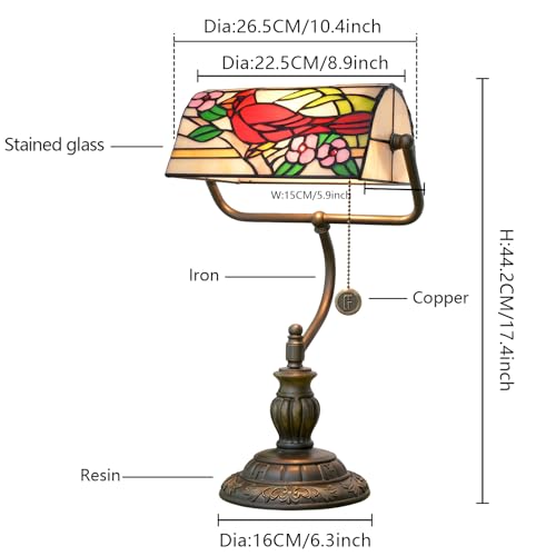 Northern Cardinal Bird Tiffany Bankers Desk Lamp Stained Glass Table Lamp Vintage Bedroom Bedside Office Study Pull Chain Reading Desk Light Gift Nightstand Aesthetic Antique Desklamp (Northern Cardinal Bird)