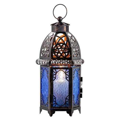 Vintage Candle Lantern (Large / Blue - 12.8''h)