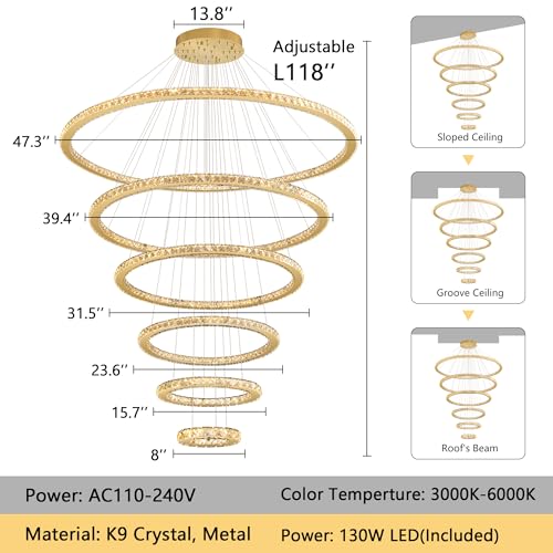 Modern Crystal Chandelier 6 Rings High Ceiling Chandeliers Dimmable LED Lighting Fixtures with Remote for Living Room Dining Room Foyer Gold (Gold / 6-Ring 47")