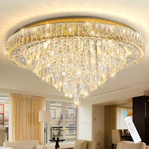 Modern Crystal Chandeliers for Living Room Ceiling Light Fixture LED Dimmable Lamp with Remote Pendant Lighting Flush Mount Ceiling Light for Dining Room Bedrooms Foyer (Gold / 31.5" Width)