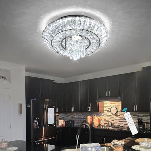 Crystal Chandelier Modern Round Ceiling Light Fixture LED Raindrop Chandeliers Dimmable with Remote for Dining Room Living Room Entryway Hallway Bedroom
