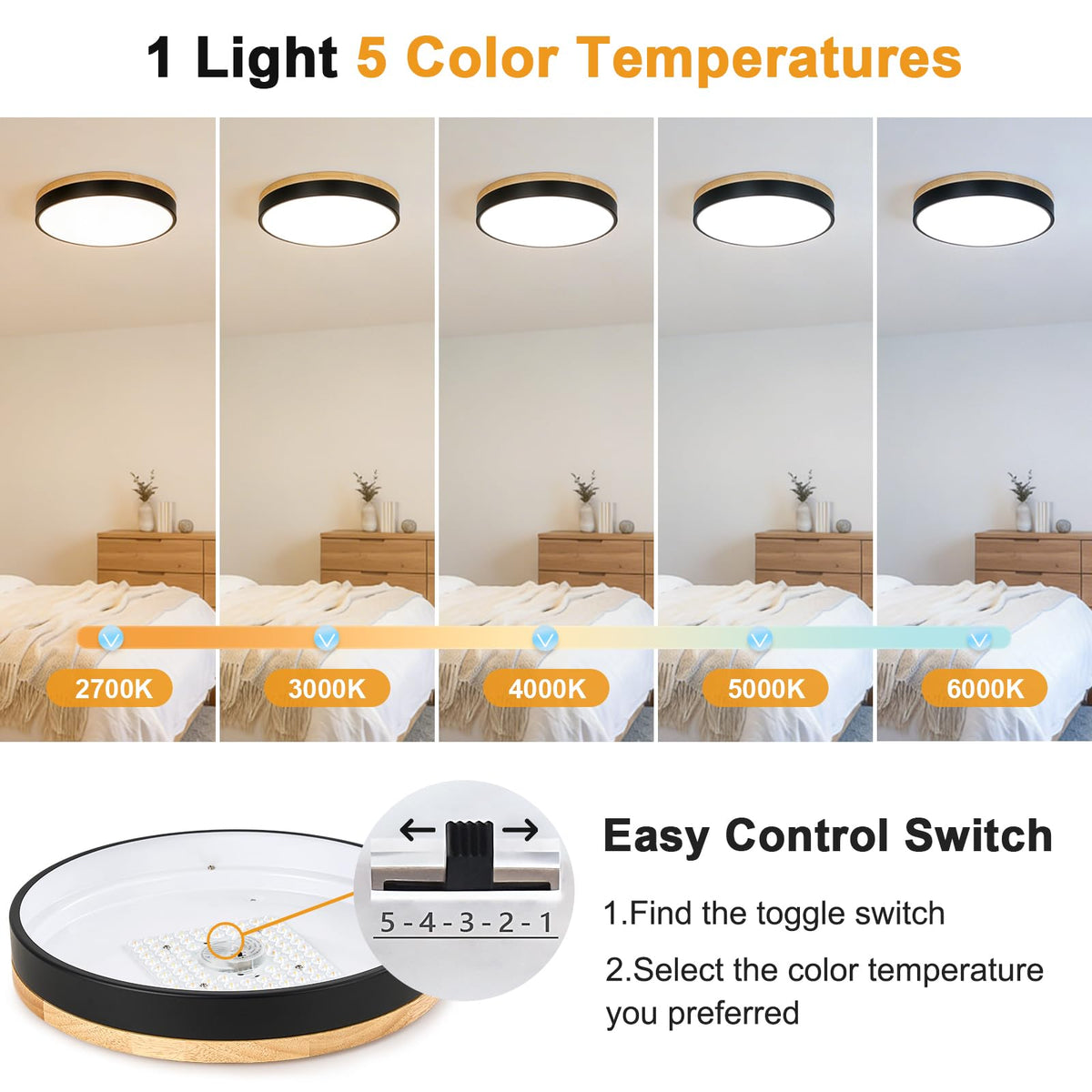 Modern LED Wood Black Round Flush Mount Ceiling Light 15.74 Inch (Black- Dimmable / 15.74 Inch)