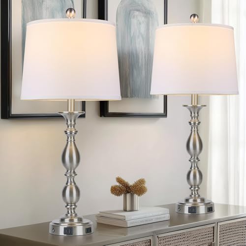 28" Tall Modern Table Lamps Set of 2 with USB A+C Ports and AC Outlet (Silver-2 Pack)
