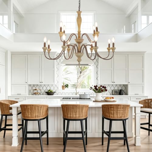 12 Light Large Farmhouse French Country Chandelier for Dining Room (Distressed Wood)