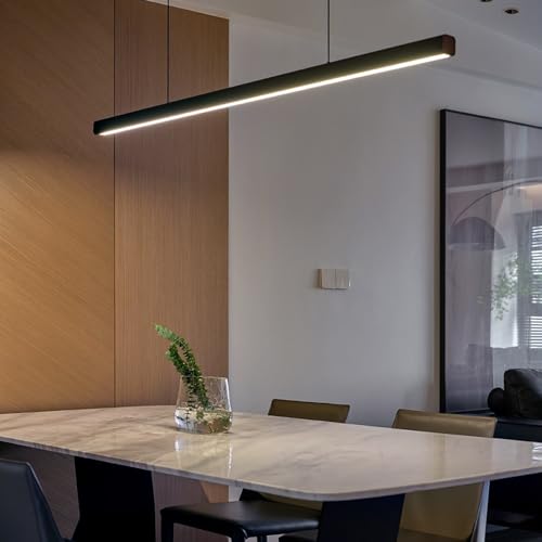 Minimalist Linear Pendant Light Dimmable LED Modern Chandelier Dining Room Island Light Restaurant Cafe Bar Office Hanging Lamp (Black / 57 Inch)