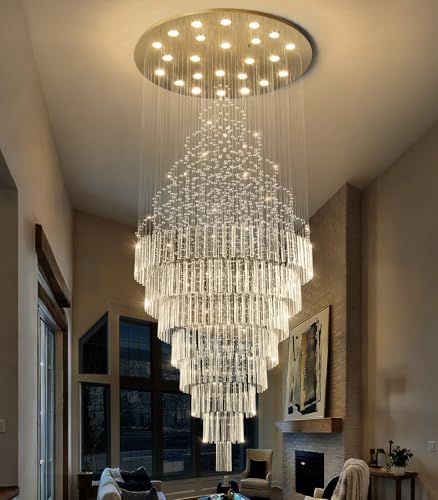 W47 x H120 Crystal LED Chandelier with Light Bulbs Luxury Raindrop High Ceiling Chandeliers for Entryway Villa Staircase Foyer Living Room Lighting Fixtures Gold (Gold / Round W47" X H118")