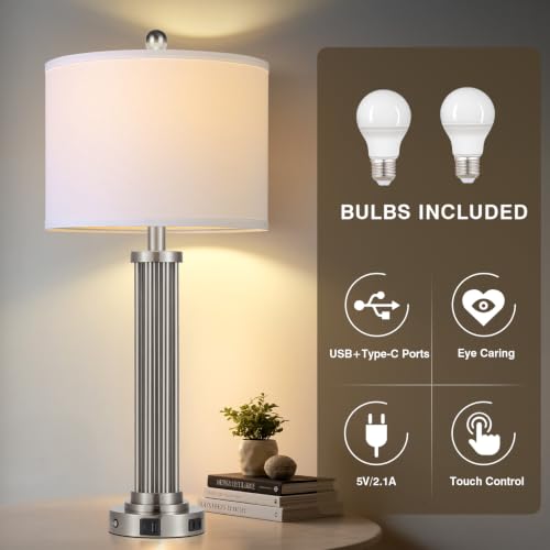 28" Tall Modern Table Lamps Set of 2 with USB C+A Ports and AC Outlet (Silver-2 Pack)