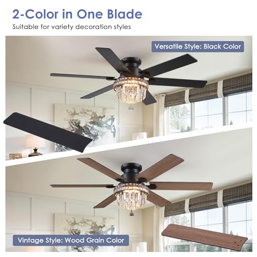 52" Low Profile Crystal Ceiling Fans with LED Lights and Remote (Black-52IN-8341)