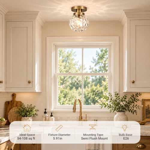 Small Semi Flush Mount Ceiling Light Fixtures (Gold & Clear Harmmered Glass / 6in-1 light)