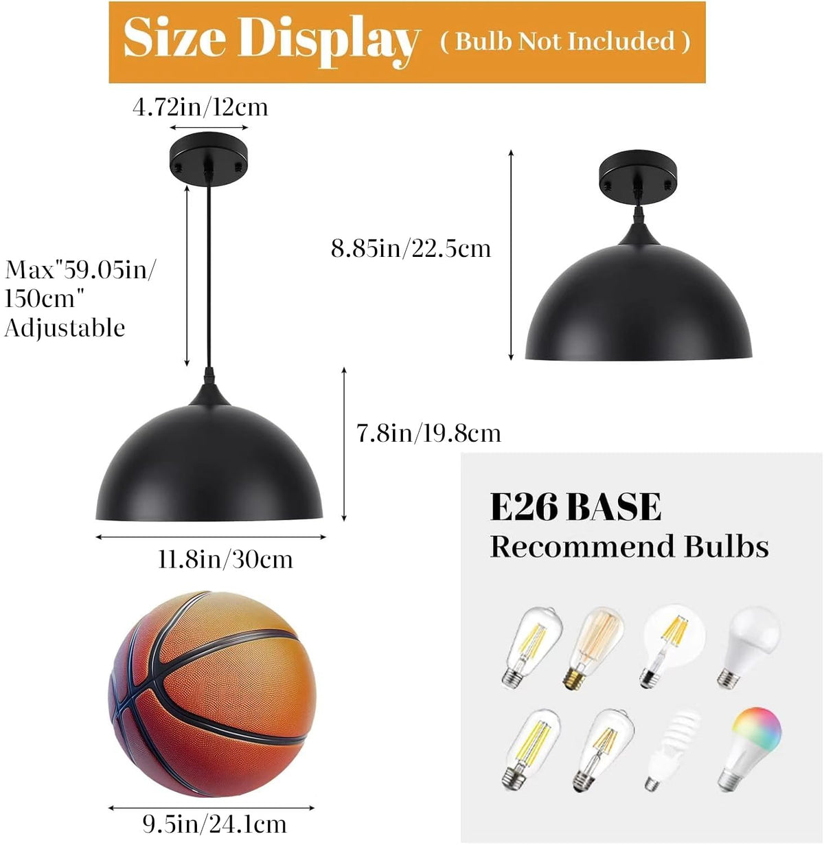 Black Pendant Lights Kitchen Island 2 Pack (Black+White / 11.8in-2 Packs)
