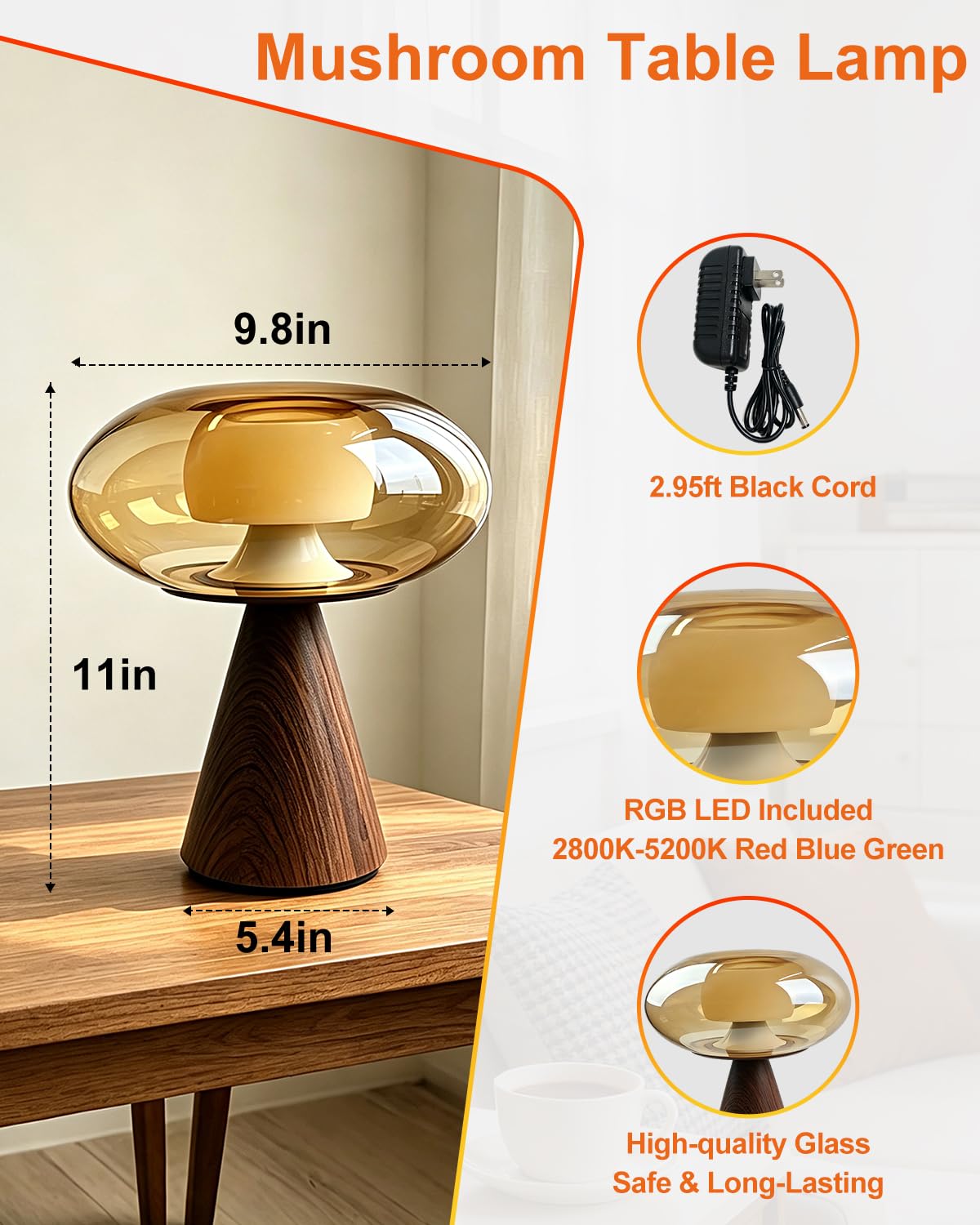 Mushroom Bedside Table Lamp Dimmable RGB Ambient Lighting Lamp (25-Dark Walnut-Mushroom)