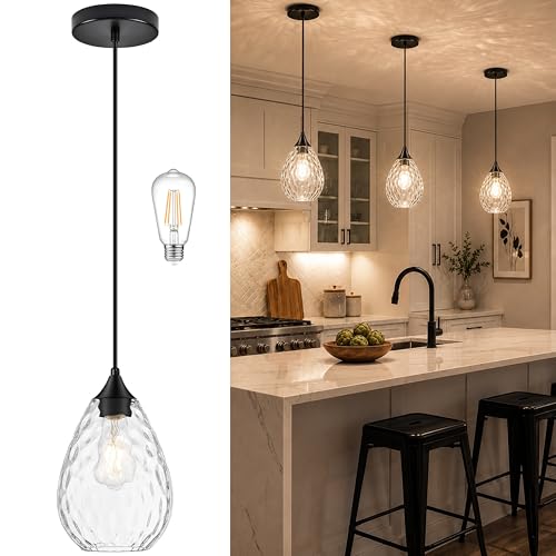 Black Glass Pendant Lights Kitchen Island 6.3" Pendant Light Fixtures Hammered Clear Glass Height Adjustable Modern Hanging Pendant Lights for Dining Room Bedroom Hallway Sink Bulb Incl (Black, 1 PK / 6.3 Inch)