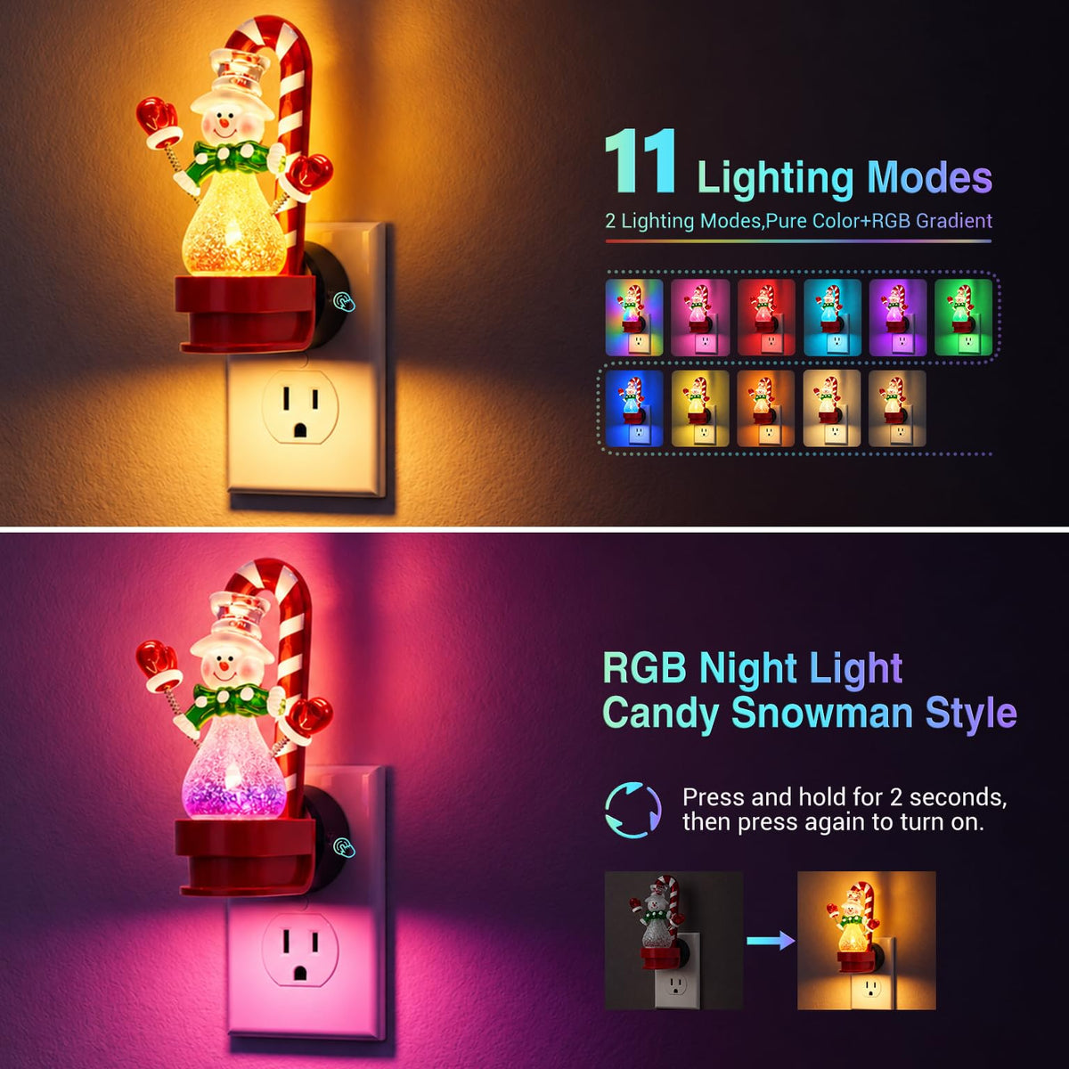 Snowman Candy Night Lights Plug into Wall (Candy Canes-RGB / 1 Pack)
